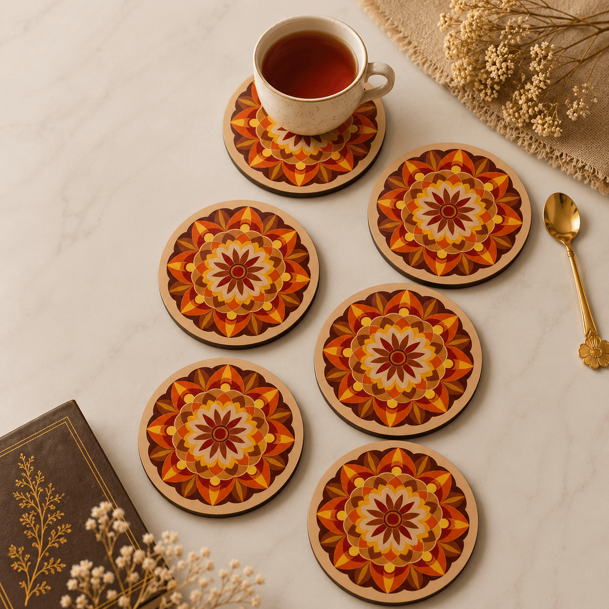 Orange Mandala Tea Coasters Set of 6